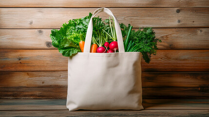 Reusable cotton tote bag filled with fresh vegetables on rustic dark wooden background