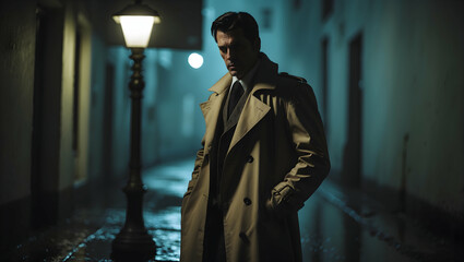 Mysterious man in trench coat nighttime alley vintage style moody atmosphere