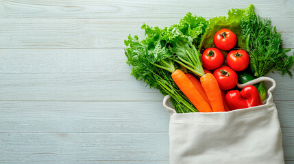 Reusable cotton tote bag with fresh vegetables on light wooden background