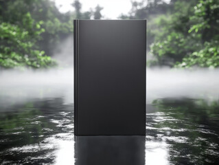 sleek black book stands prominently reflective surface, surrounded by lush greenery and mist, evoking sense of mystery