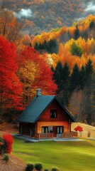 Obraz premium Cozy autumn cabin nestled in the forest, surrounded by trees with vibrant red, orange, and yellow leaves, a wooden house.