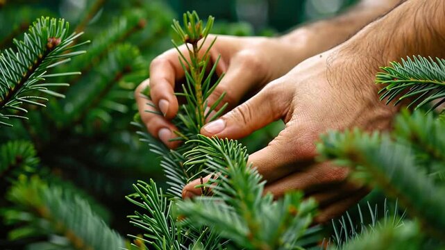 Hands gently touching pine needles, symbolizing care for nature.