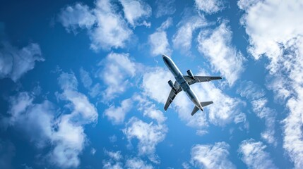 Fototapeta premium Clean outline of an airplane flying in the sky, with clouds in the background, symbolizing air travel.