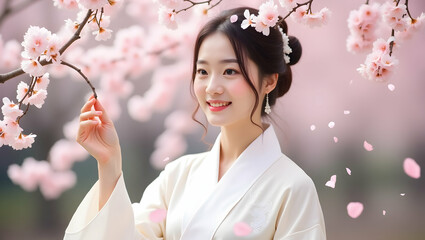 Fototapeta premium Serene woman in elegant hanbok amidst breathtaking cherry blossoms soft pink petals falling