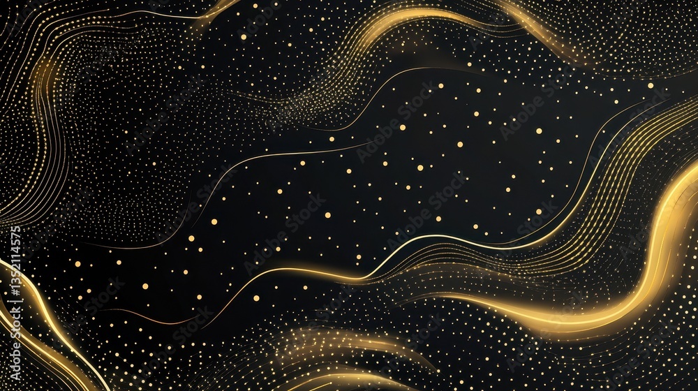 Wall mural abstract golden flowing lines with dotted patterns on black background