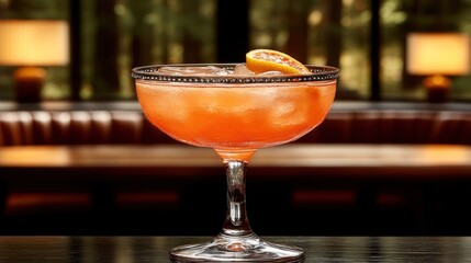 A vibrant orange cocktail garnished with grapefruit slice in a sophisticated bar setting.