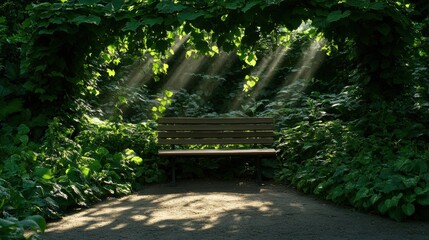 A peaceful nature scene with a walking path surrounded by greenery and sunlight streaming through the trees, symbolizing the healing power of nature on mental health