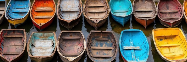 Fototapeta premium Colorful Rowboats Docked in a Calm Harbor