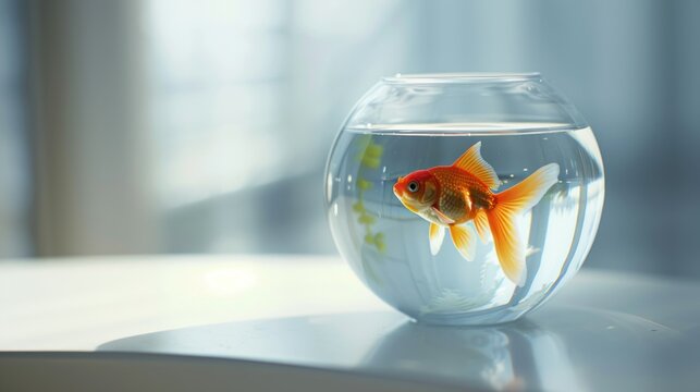 Minimalist Fish Bowl: A small fish bowl with a single goldfish, placed on a clean white surface, representing simplicity and aquatic pets.