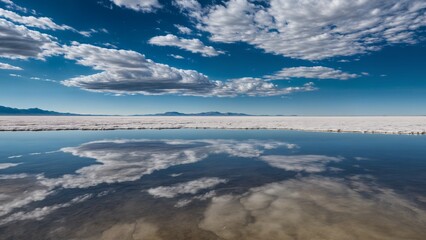 A dreamlike landscape of a salt flat under a clear blue sky, blending earth and sky seamlessly. Ideal for creative and surreal designs