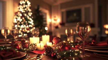 Festive Holiday Table Setting with Candlelight and Christmas Decor