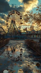 An abandoned amusement park reflecting in the wet ground below