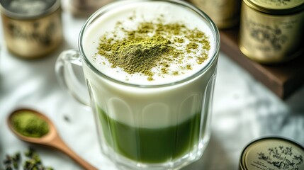 Enjoy a refreshing Matcha latte drink! This green beverage combines Matcha powder with creamy white elements, perfect chilled in a glass or cup.