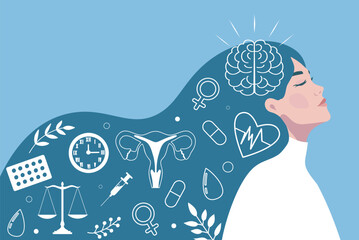  International Women's Health Day. Women's mental health. Women with long hair and elements of medicine, uterus, brain, scales, heart. Mindfulness, care. Vector illustration for health projects