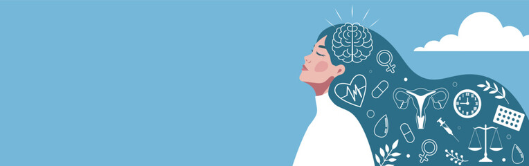  International Women's Health Day. Women with long hair and elements of medicine, uterus, brain, scales, heart. Women's mental health. Vector illustration place for text for health projects