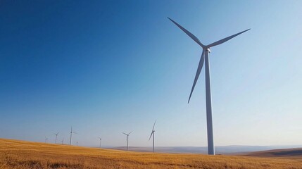 Digital landscape of wind turbines under blue sky,renewable energy with modern technology.