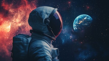 An astronaut gazes towards earth amidst a vibrant cosmic background