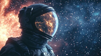 Astronaut gazing at the cosmos with planet visible in their helmet