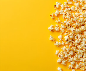 popcorn, tv remote on a yellow background. home movie night concept. flatlay. top view. copy space