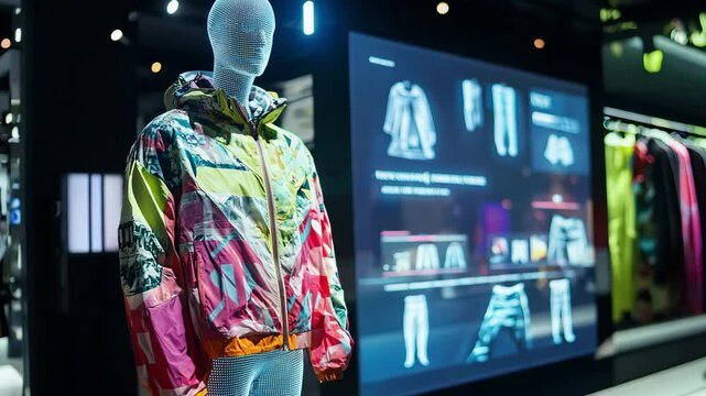 Vibrant athletic apparel showcased on a mannequin with interactive digital screens presenting additional clothing options