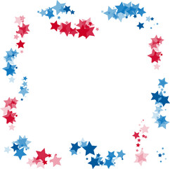 Blue and red stars confetti decoration. Frame from falling sparklers. Patriotic design element. Special effect on transparent background.