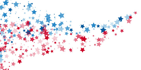 Blue and red stars confetti decoration. Horizontal flying path.  Patriotic design element. Special effect on transparent background.