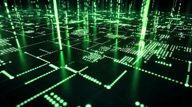 Futuristic digital landscape with glowing green data points and lines creating depth