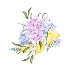 Watercolor Lemon Branch with Leaves and Hydrangea Flowers, Illustration on Transparent Background, Summer Citrus Art for Design