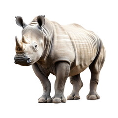 Fototapeta premium A realistic portrait of a rhinoceros standing in side view, isolated on a white background. A robust, well-built rhinoceros with thick grey hide, a prominent horn, small rounded ears, dark eyes, 