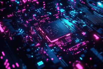 Obraz premium Futuristic Cyberpunk Motherboard Neon Pink & Blue Circuit Board Design