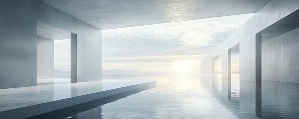 Fototapeta premium Modern minimalist interior with serene water view