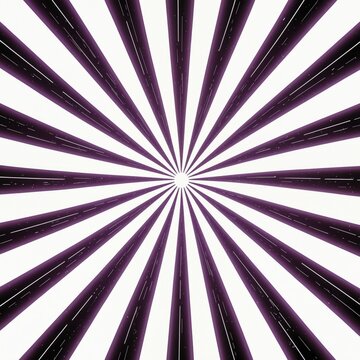 A stark white background is dominated by radiating purple and black stripes