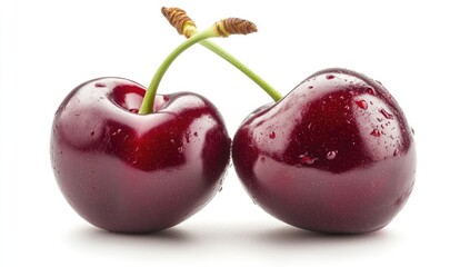 Two fresh, ripe cherries against a white background.  The cherries are deep red, glossy, and appear juicy.  