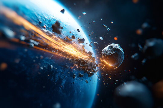 Asteroideneinschlag auf die Erde mit Explosion im Weltraum  
