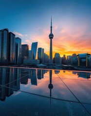 Fototapeta premium Reflective cityscape panorama mirroring Toronto's skyline at sunset, twilight, mirror
