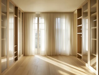 Sunlit empty bedroom with built-in wardrobes and sheer curtains