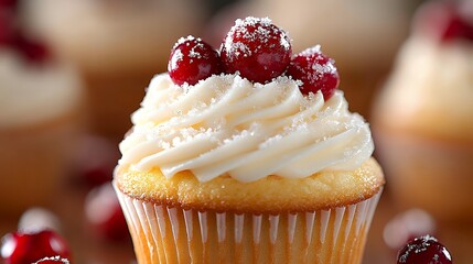 Delicious Cupcake Covered with Frosting and Cranberries, Festive Dessert Close Up