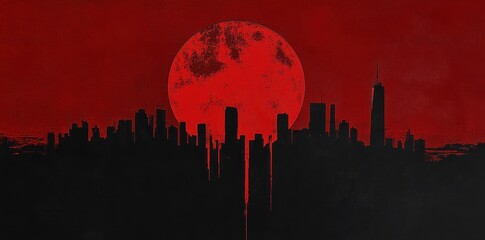 Dramatic red moon rising above a silhouetted city skyline