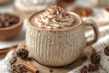 Cozy Hot Chocolate with Whipped Cream Topping in a Rustic Setting for Seasonal Enjoyment