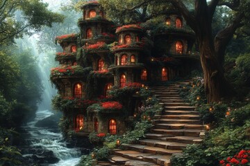 Enchanting stone mansion nestled in lush forest, cascading waterfall nearby