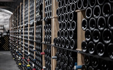 wine in Napa Valley, California, Wine bottles stacked in cellar racks