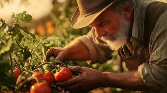 A farmer tending to his vegetable garden and a crop of tomatoes hanging on a branch.