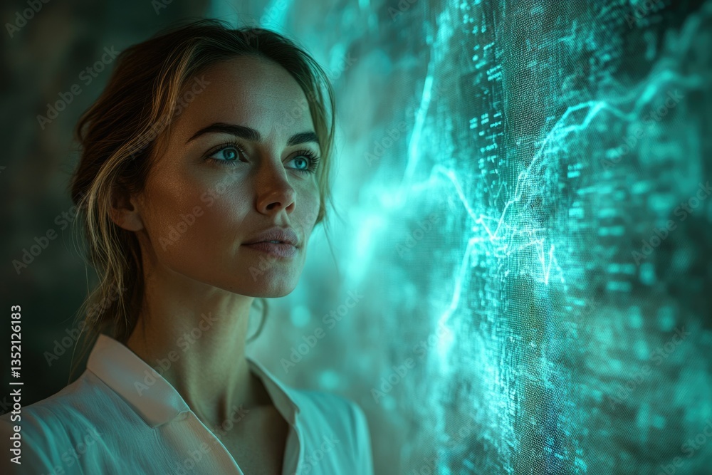 Aufkleber a woman gazes intently at a vibrant, abstract data visualization displayed on a large screen, immers