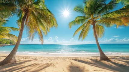 Tropical beach landscape with palm trees under a clear blue sky, offering a scenic coastal view 