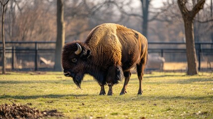 A bison grazing in a spacious zoo habitat, its shaggy brown coat swaying in the breeze.