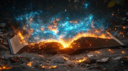 Glowing, magical book ablaze with mystical energy on ground
