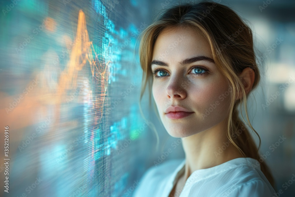 Poster a young woman thoughtfully observes a dynamic data visualization, showcasing technological advanceme
