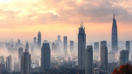 Fototapeta premium Misty sunrise cityscape, skyscrapers pierce clouds