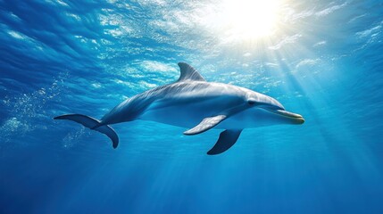 A bottlenose dolphin swimming through sunlit turquoise waters.