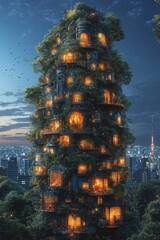 Lush, vertical city dwelling, illuminated windows, twilight sky